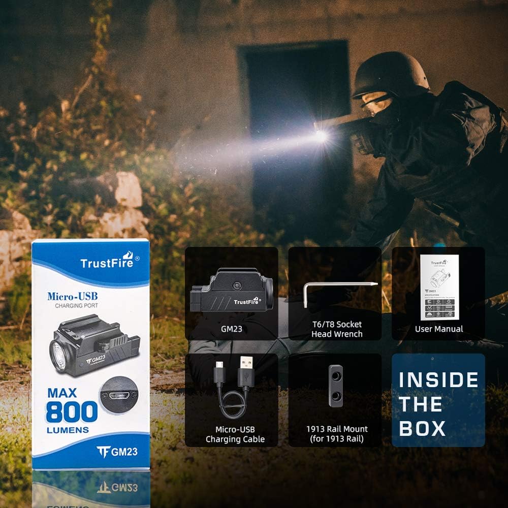 TrustFire GM23 Tactical Weapon Light ā 800 Lumen Rail-Mounted Flashlight